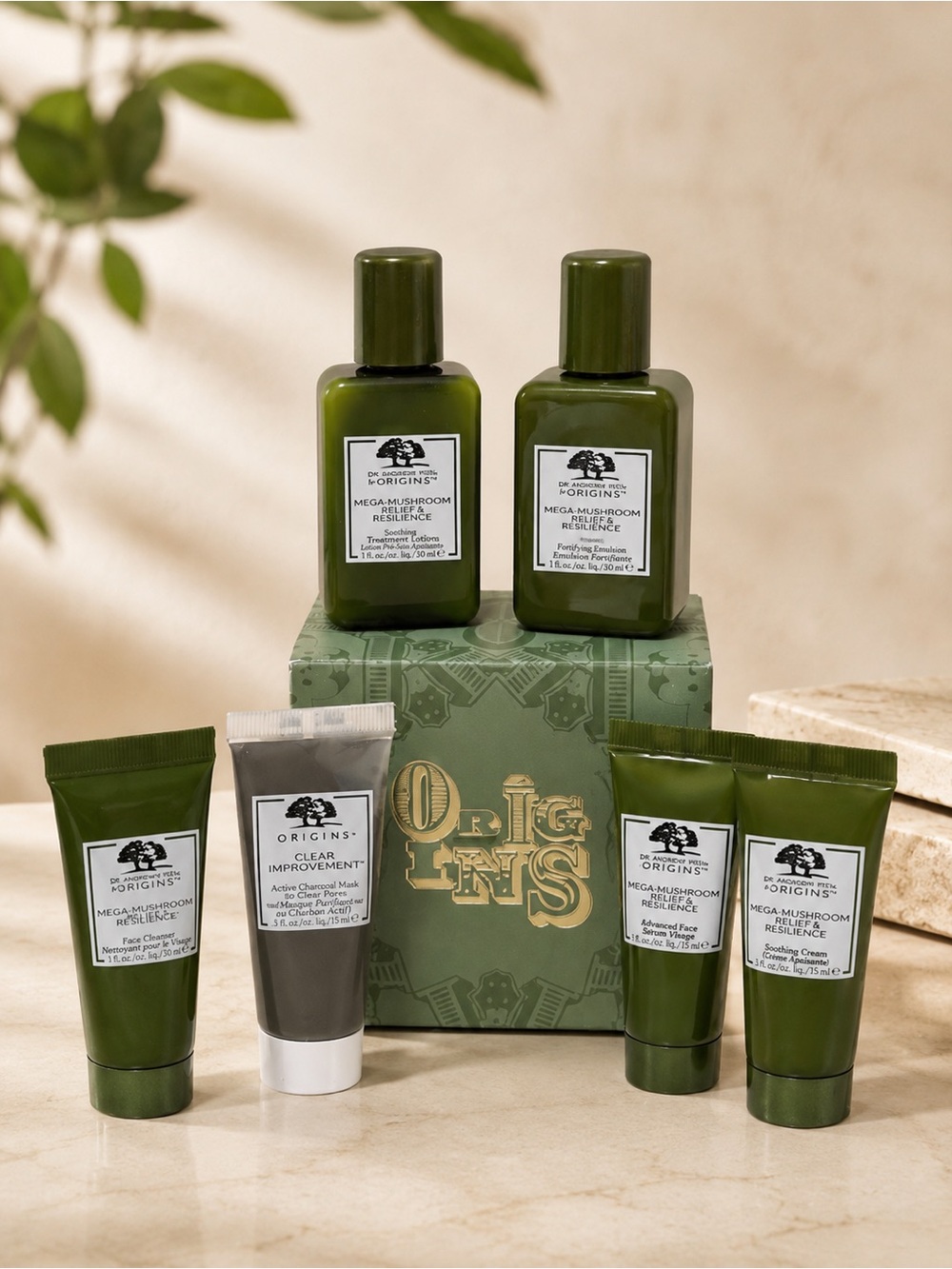 Origins Travel Skincare Set NEW Mask Cleanser Lotion Serum Mushroom Gift Set